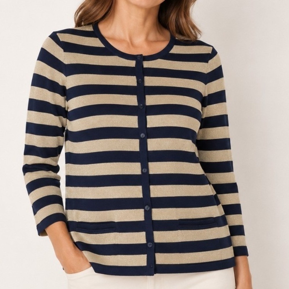 Lauren Ralph Lauren Cardigan NWT 1X Navy Gold Striped Metallic Knit Sweater